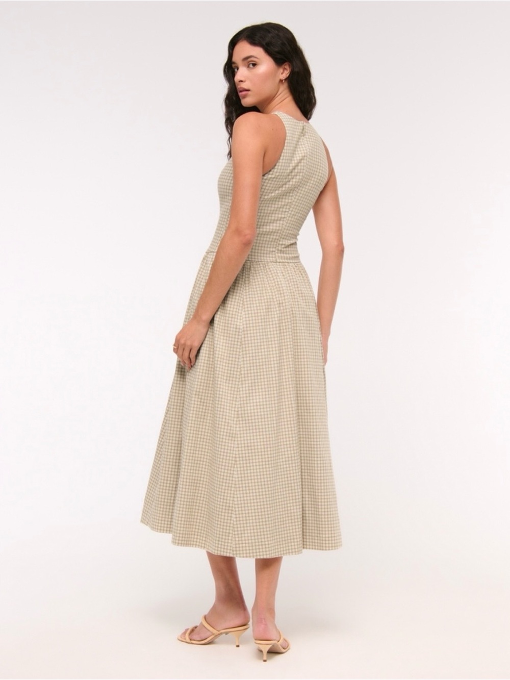 NWT Abercrombie & Fitch High Neck Drop Waist Midi Dress Light Brown Check Med - Picture 6 of 12